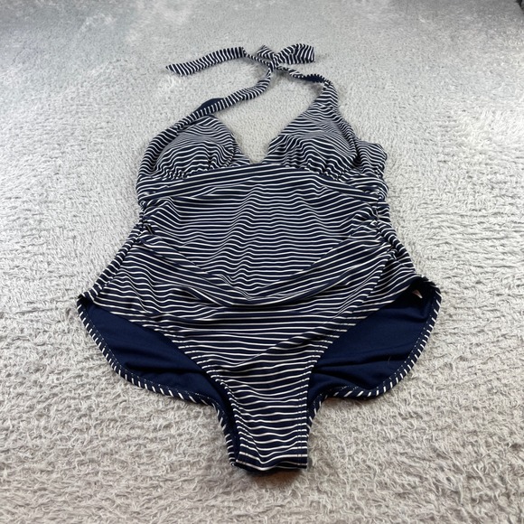 Gapbody Other - GapBody Navy Blue White Striped Ruched Halter One Piece Swimsuit Large